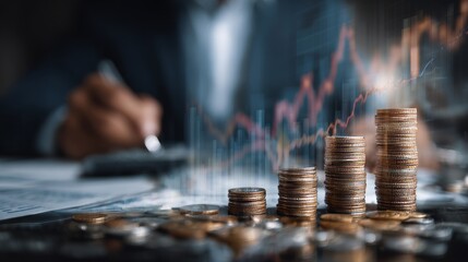 A financial advisor diligently analyses financial data, while the ascending stacks of coins metaphorically represent the upward trajectory of investment and success. This image illustrates finance.