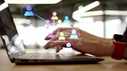 Person Using Laptop with Network Connection Icons - Powered by Adobe