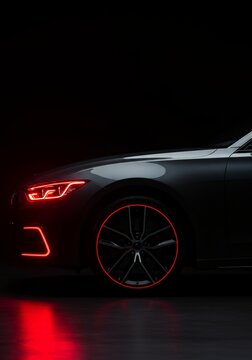 Sleek dark car with glowing red headlights and wheel rim against a black background, showcasing modern automotive design.