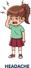Cartoon girl suffering headache with pain expression, sweating face, closed eyes, hand on forehead, medical symptom vector illustration concept