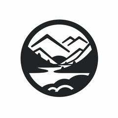 Obraz premium Circular mountain range graphic with river and sun minimalist silhouette