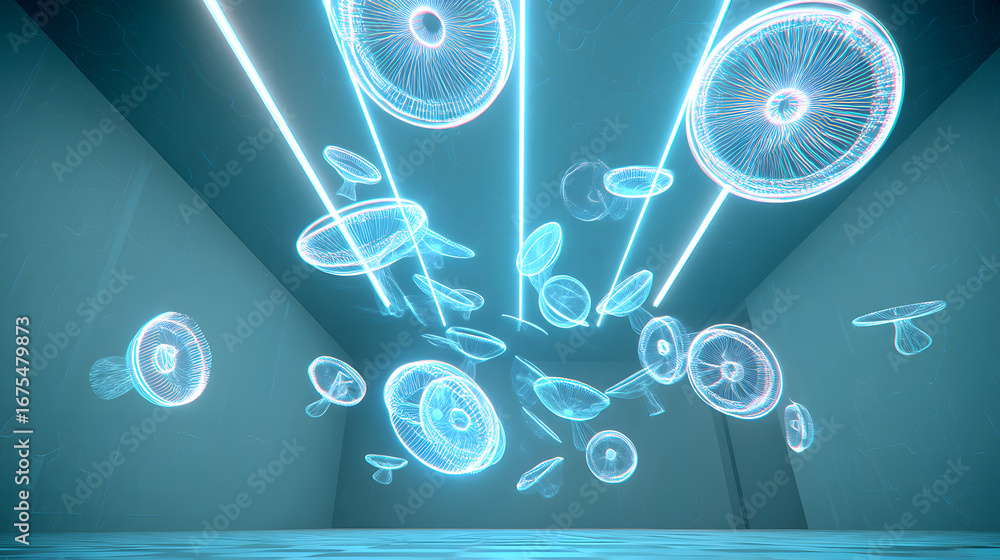 Poster futuristic digital render: abstract digital rendering with glowing, transparent circular shapes in a