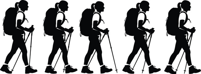 Hiker silhouette vector illustration with backpack, trekking poles, walking motion sequence, outdoor activity, ponytail figure, black design, white background