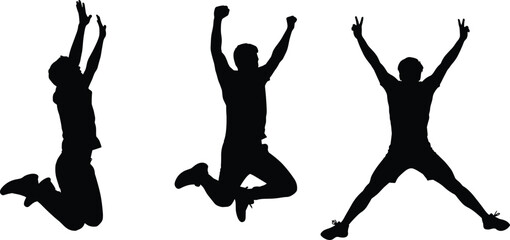 Jumping silhouette figures in expressive poses, joyful motion and celebration concept, black vector illustration on white background for design