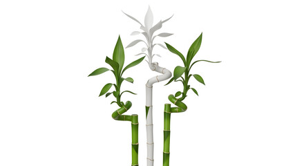 Naklejka premium Vertical Bamboo Stalks with Green Leaves Isolated on White Background
