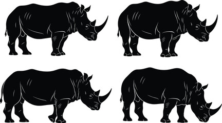 Rhinoceros silhouette set showing four poses, black vector illustration of wild animal anatomy, grazing and standing posture variations