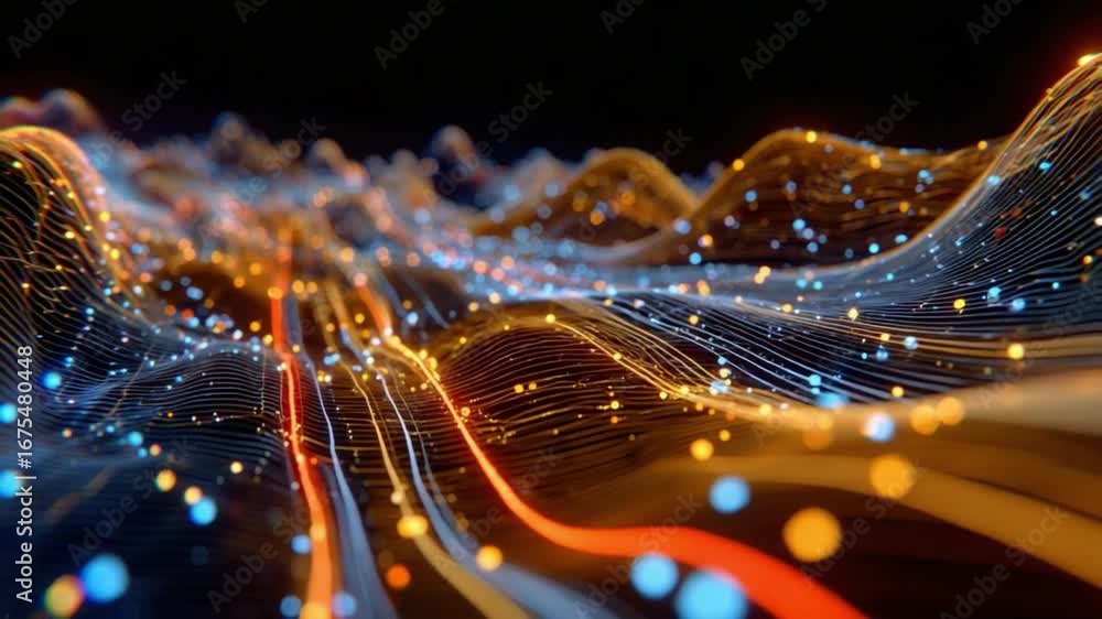 Poster digital data streams: an intricate display of digital data streams, weaving and flowing with radiant