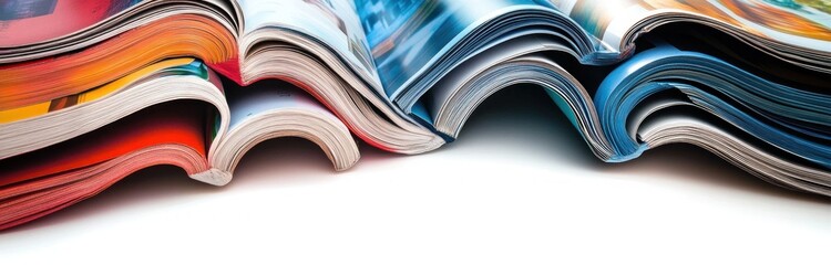 Close-up view of several colorful open magazines stacked side by side with curled pages, showcasing vibrant printed content and layered textures