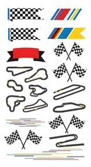 Collection of racing flags, checkered flags, and race tracks