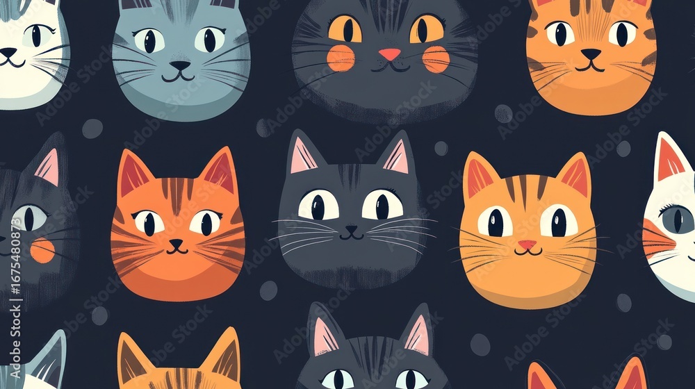 Poster Colorful and Whimsical Cat Faces Pattern with Cute Expressions and Various Fur Patterns