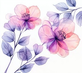 Delicate translucent flowers with large pink petals and purple stamens alongside branches of soft purple leaves against a white background