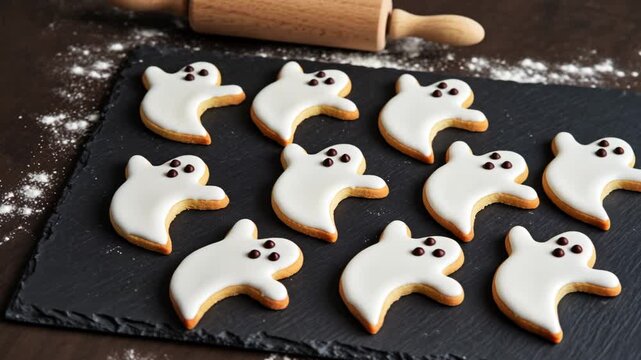 Spooky ghost sugar cookie centerpiece on tray with flour and rolling pin