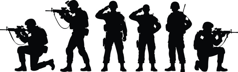 Silhouette set of six armed soldiers in tactical gear, showing action and salute poses, black vector illustration for military themes