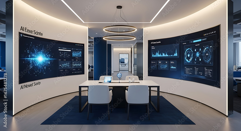 Aufkleber conference room with large displays showing data visualizations and modern lighting fixtures above t
