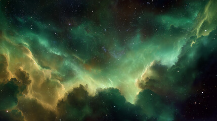 Green and Yellow Nebula in Dark Space. Green nebula background, space background, space, stars, green nebulus