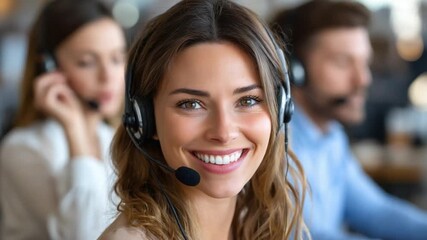 Empathetic Customer Service: A close-up shot of a call center employee in focus, wearing a headset and radiating warmth, symbolizes dedication to customers. - Powered by Adobe