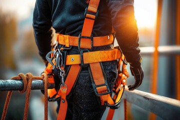 Worker wearing bright orange safety harness and ropes stands on metal scaffolding rail with warm sunlight in background