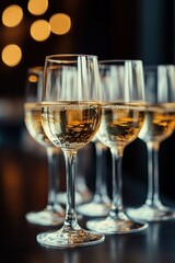 Close-up of multiple glasses filled with sparkling white wine against a dark background with soft golden bokeh lights creating a festive and elegant atmosphere