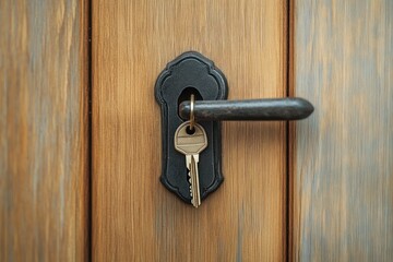 Close-up of a silver key inserted in a black door lock on a wooden door with a dark metal handle