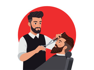 Barbershop barber trimming beard of customer with scissors flat vector illustration