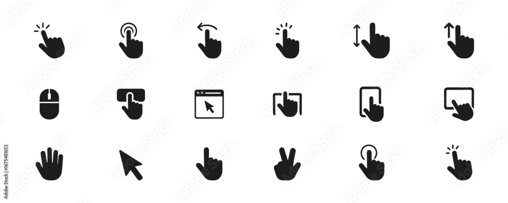 Poster hand gesture and cursor silhouette set. user interface and interaction symbol collection. digital an