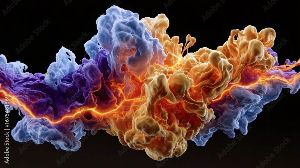Poster celestial inferno: an abstract display of vibrant, interweaving clouds of color and fiery energy, cr
