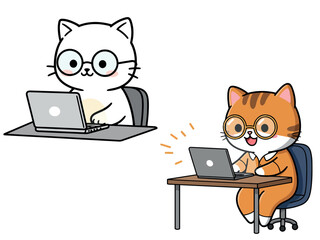 Chibi Cat Programmer with Laptop Cute Cartoon Animal