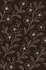 Seamless floral pattern featuring hand-drawn cherry blossom flowers and leaves in delicate line art style on a dark background. Elegant botanical design perfect for fabric, textile, wallpaper,