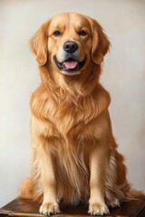 Golden retriever dog sitting on a wooden surface with a happy expression against a plain light background