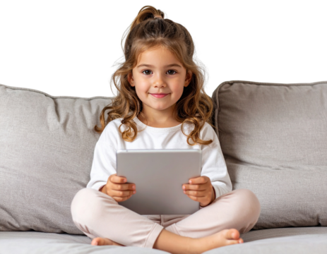Child Holding Tablet Reading E-Book, Sitting on Couch, Isolated PNG
