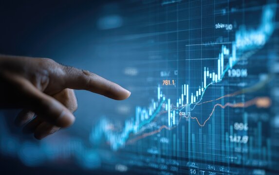 Hand points to rising stock chart on a digital display