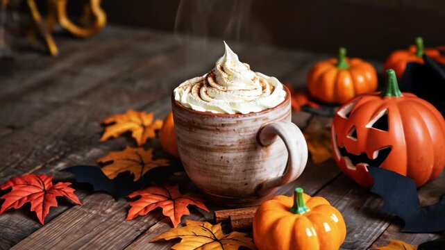 Cinematic pumpkin spice drink with spooky glow and cinnamon decoration