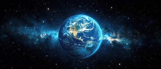 Fototapeta premium Vivid view of Earth from space showing vibrant blue oceans, green and brown continents, white clouds, set against a vast star-filled cosmic background with a glowing galaxy band