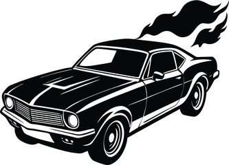 Vector art of classic muscle car with flames coming out of the exhaust