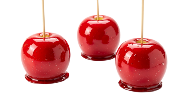 Three shiny red candy apples on sticks isolated on transparent background