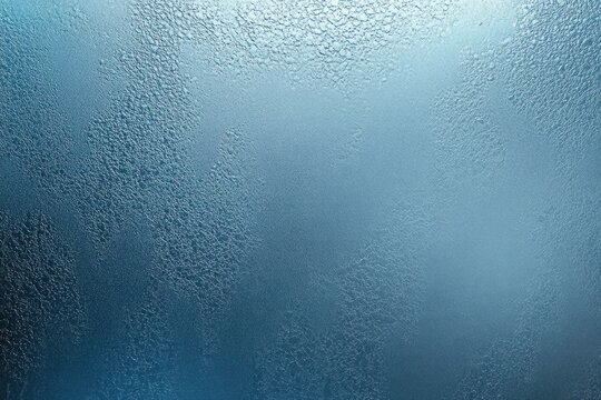 Close-up of textured blue glass surface with condensation droplets creating a blurred and cool visual effect