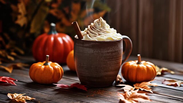 Spooky pumpkin spice latte with whipped cream and cinnamon in rustic mug