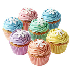 Assortment of colorful frosted cupcakes arranged in a cluster isolated on transparent background