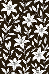 Seamless floral pattern with elegant lily flowers and leaves in white line art on dark background. Botanical illustration design suitable for textile, wallpaper, fabric, wrapping paper, 
