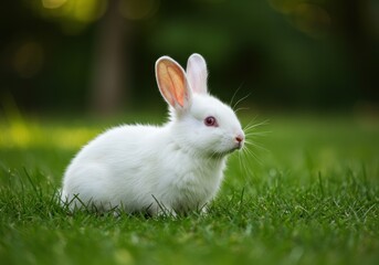 An adorable white albino rabbit with red eyes sits attentively on a vibrant green lawn in a sunny park