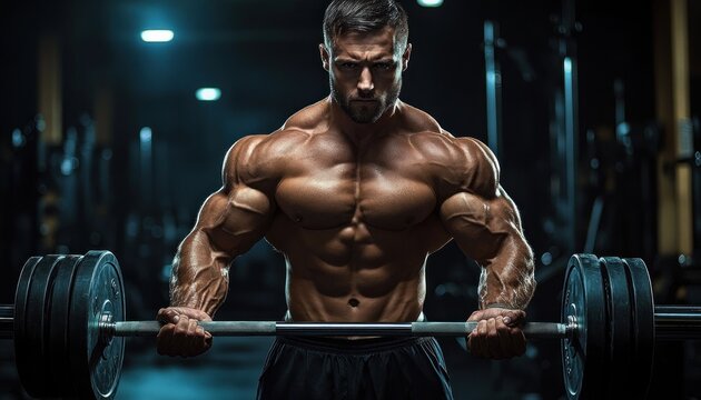 muscular man lifting heavy barbell in dark gym showing strength and determination