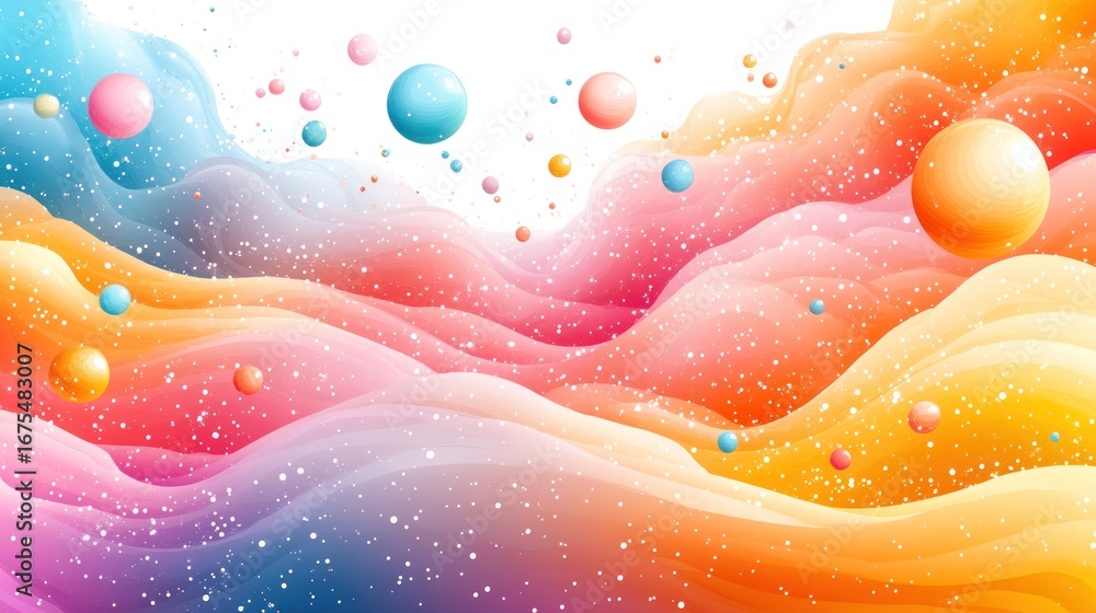 Poster dreamy abstract landscape with colorful gradient waves and floating orbs