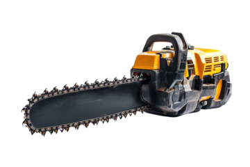 Modern yellow and black petrol engine chainsaw designed for efficient cutting, perfect for landscaping and tree maintenance tasks in various outdoor environments