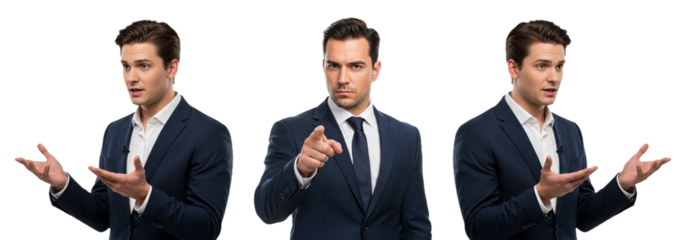 Confident businessman pointing and gesturing, ready to present key ideas