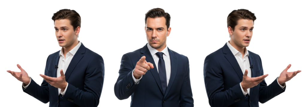 Confident businessman pointing and gesturing, ready to present key ideas