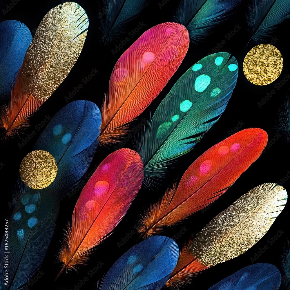 Poster close-up of colorful bird feathers with spots and golden texture on a black background creating a vi