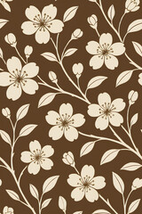 Seamless floral pattern with cherry blossom flowers and leaves in a minimalist silhouette style on a brown background. Elegant botanical design perfect for fabric, textile, wallpaper, wrapping paper, 