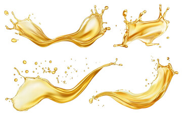 Golden transparent olive oil splashes creating dynamic waves and droplets against a clean white background in a visually striking collection ideal for culinary and artistic presentations