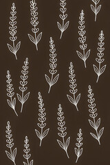 Seamless floral pattern with simple white lavender line art on dark background. Minimal botanical design for textile, wallpaper, wrapping, and decorative use.