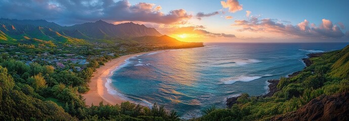 Sunset over a curved tropical beach with turquoise waters, lush green hills, and distant mountains under a partly cloudy sky